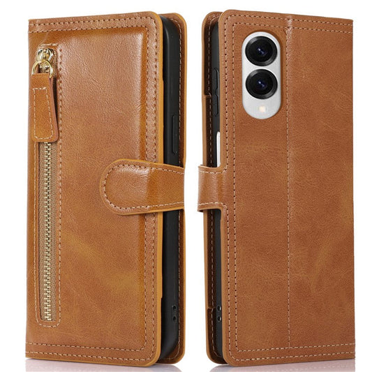 For Samsung Galaxy S25 Edge Case Zipper Flip Leather Phone Cover with Card Holder - Orange