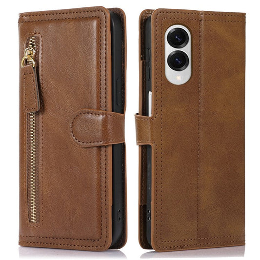 For Samsung Galaxy S25 Edge Case Zipper Flip Leather Phone Cover with Card Holder - Brown