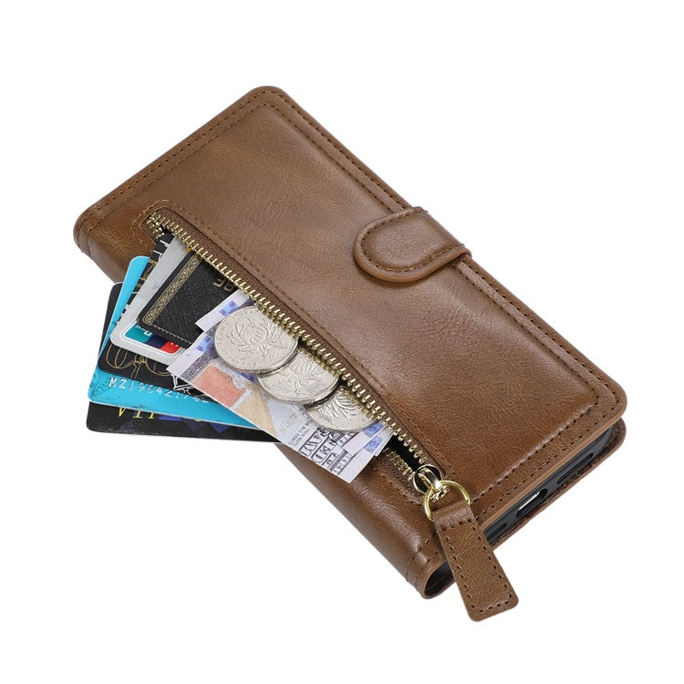 For Samsung Galaxy S25 Edge Case Zipper Flip Leather Phone Cover with Card Holder - Brown