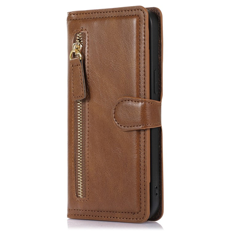 For Samsung Galaxy S25 Edge Case Zipper Flip Leather Phone Cover with Card Holder - Brown