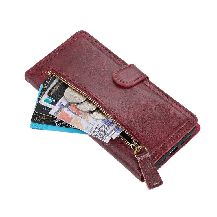 For Samsung Galaxy S25 Edge Case Zipper Flip Leather Phone Cover with Card Holder - Red