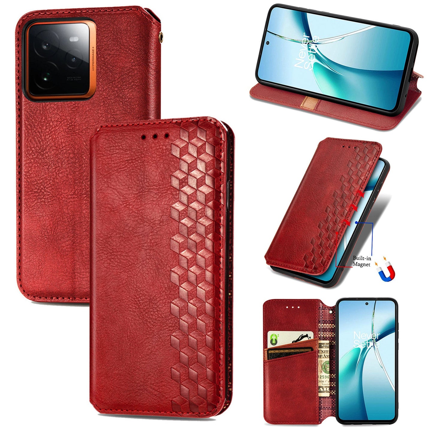For Realme GT 7 Pro 5G Case Rhombus Imprint PU Leather Wallet Phone Cover - Red