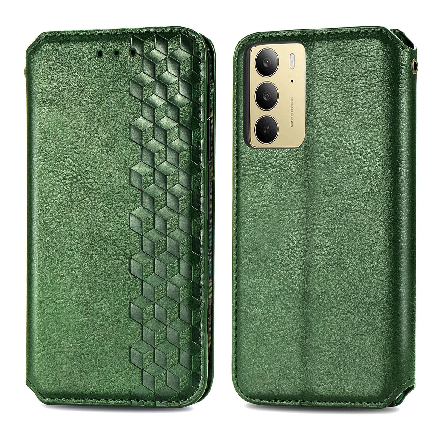 For Realme C75 Case Rhombus Imprint PU Leather Wallet Phone Cover - Green