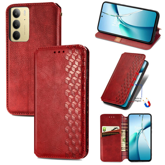 For Realme C75 Case Rhombus Imprint PU Leather Wallet Phone Cover - Red