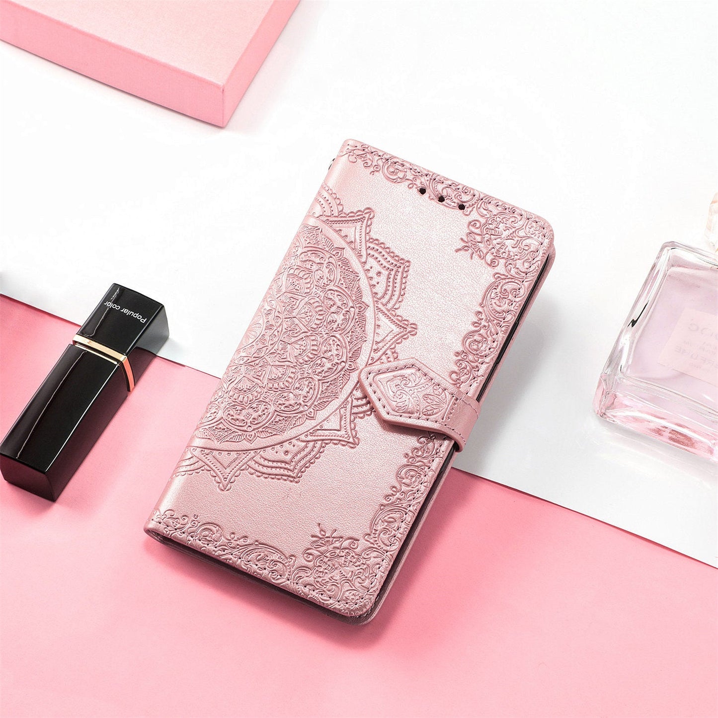 For Realme GT 7 Pro 5G Wallet Case Mandala Flower Leather Phone Cover Stand - Rose Gold