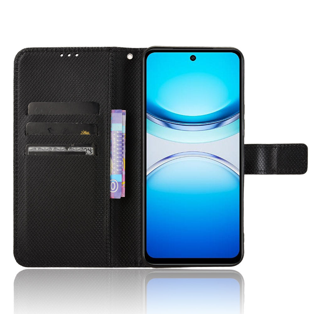For vivo Y39 5G Leather Wallet Case with Strap Diamond Texture Phone Cover - Black