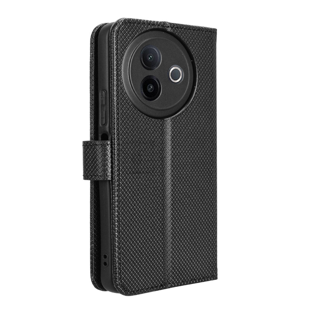 For vivo Y39 5G Leather Wallet Case with Strap Diamond Texture Phone Cover - Black