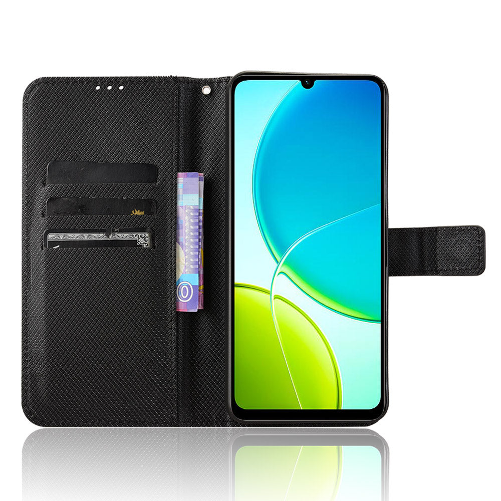 For vivo Y29s 5G / vivo Y04 4G Leather Wallet Case with Strap Diamond Texture Phone Cover - Black