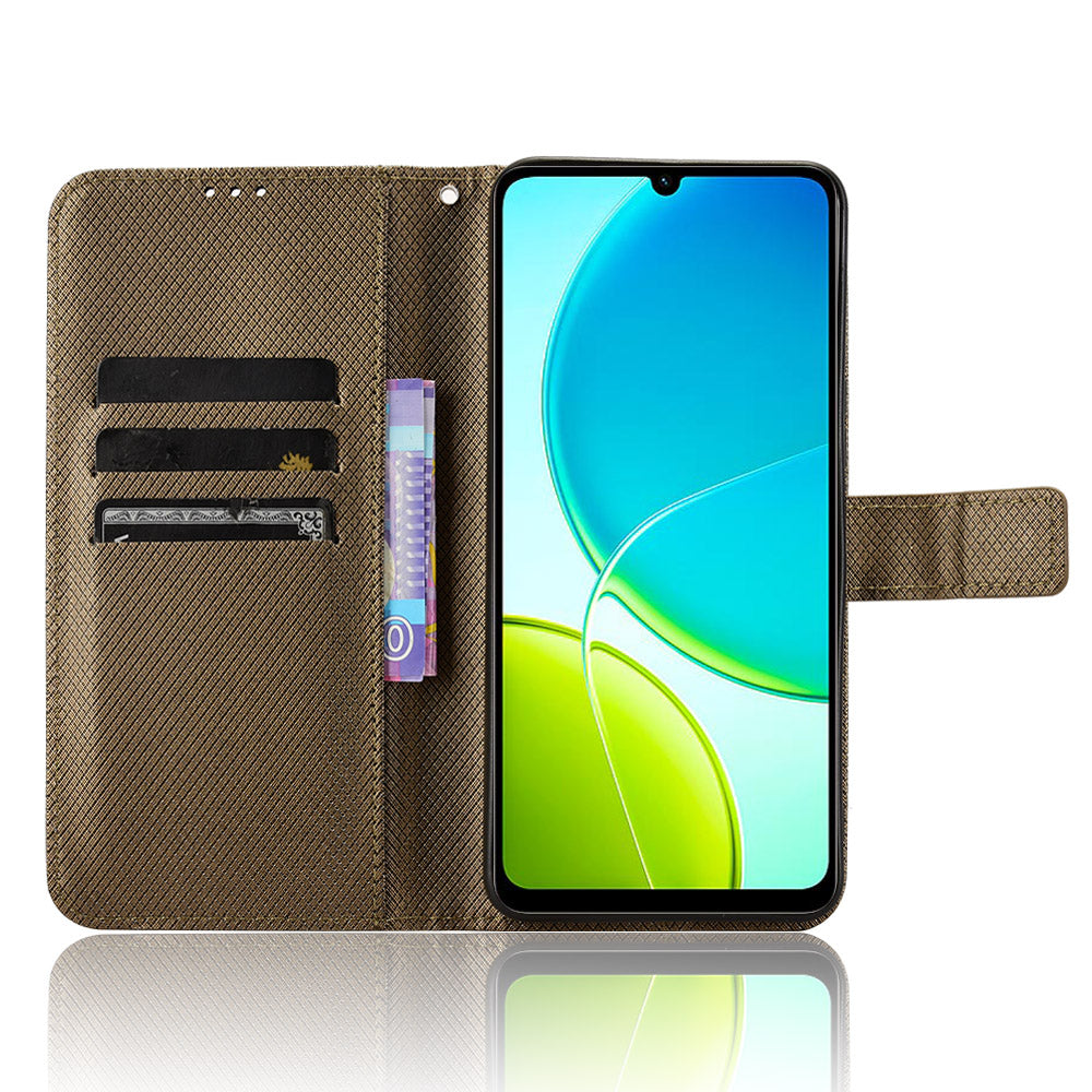 For vivo Y29s 5G / vivo Y04 4G Leather Wallet Case with Strap Diamond Texture Phone Cover - Brown