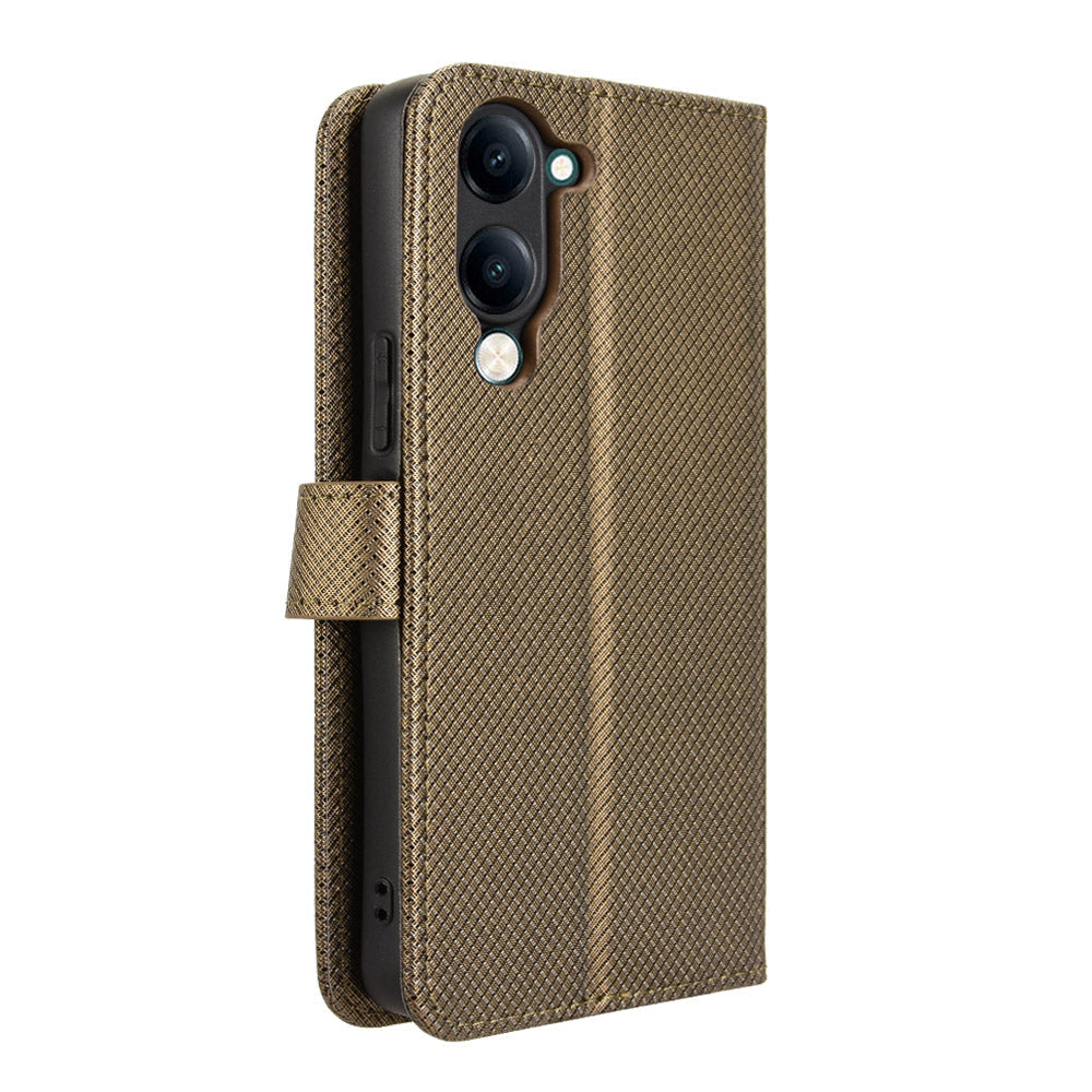 For vivo Y29s 5G / vivo Y04 4G Leather Wallet Case with Strap Diamond Texture Phone Cover - Brown