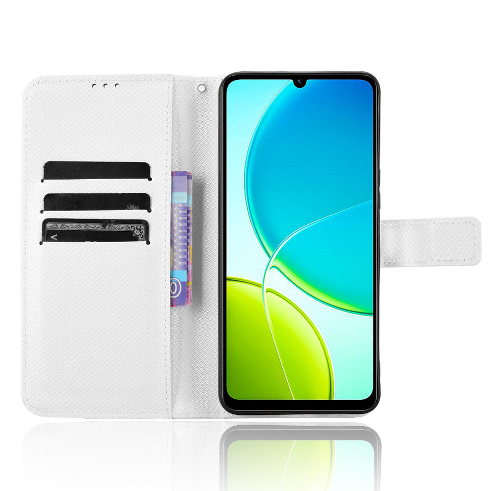 For vivo Y29s 5G / vivo Y04 4G Leather Wallet Case with Strap Diamond Texture Phone Cover - White