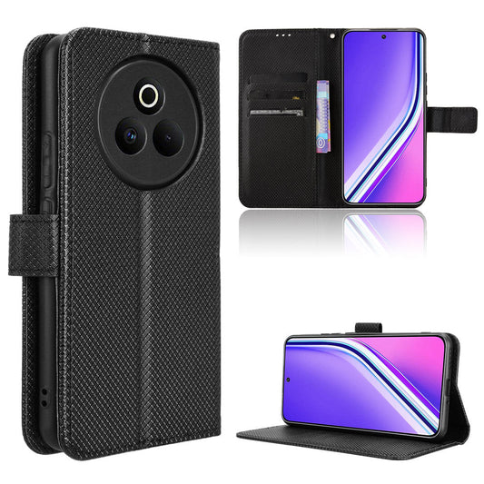 For Realme P3 Pro 5G Leather Wallet Case with Strap Diamond Texture Phone Cover - Black