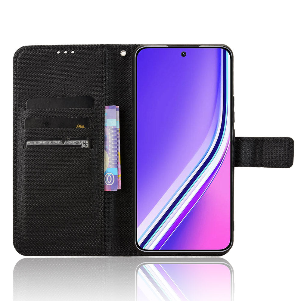 For Realme P3 Pro 5G Leather Wallet Case with Strap Diamond Texture Phone Cover - Black