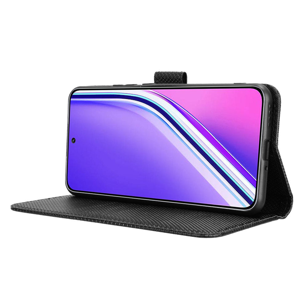 For Realme P3 Pro 5G Leather Wallet Case with Strap Diamond Texture Phone Cover - Black