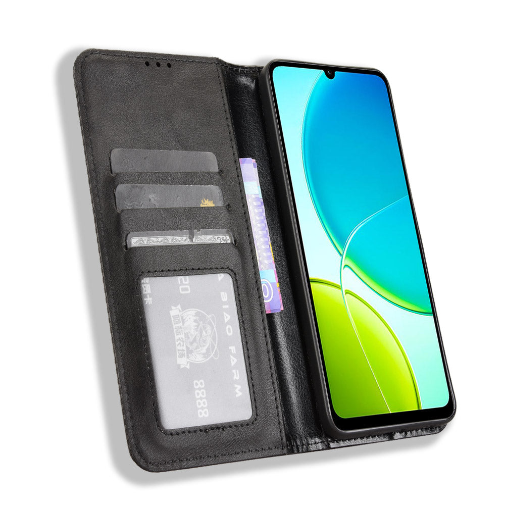 For vivo Y29s 5G / vivo Y04 4G Retro PU Leather Case Phone Wallet Stand Cover - Black