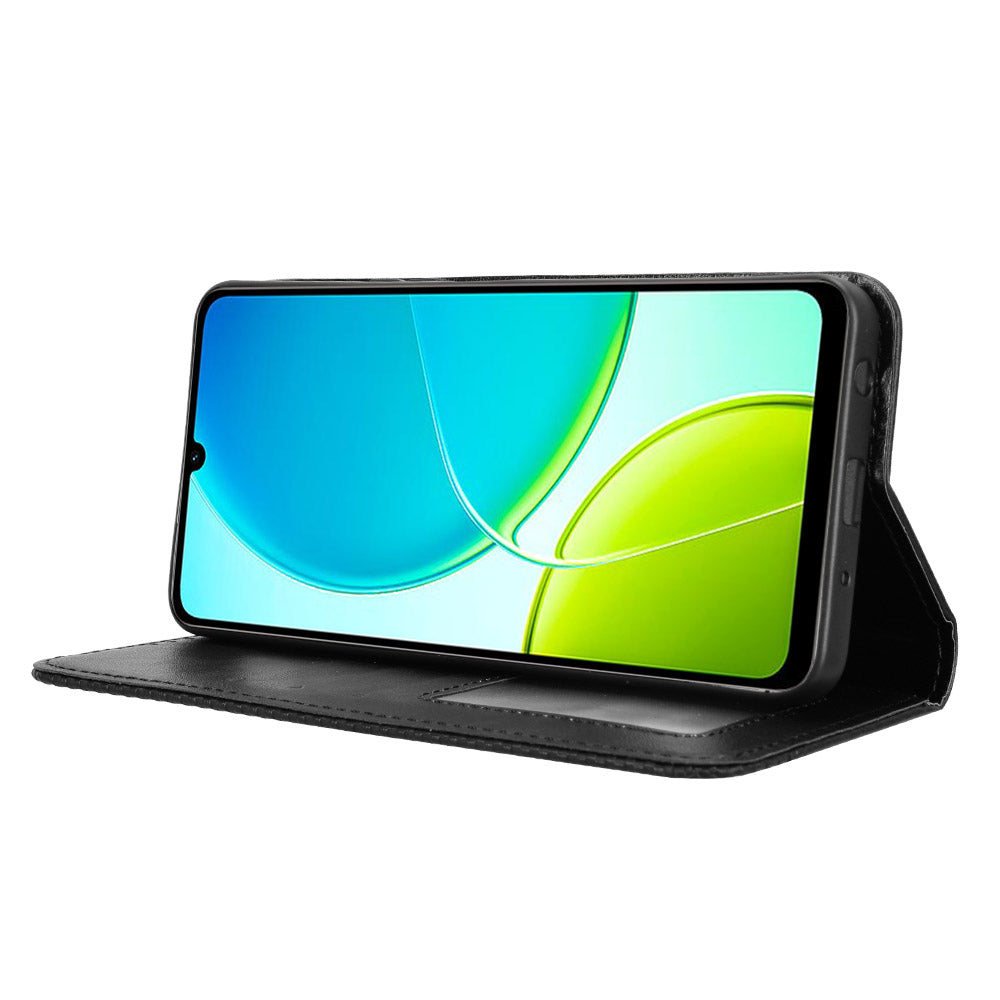 For vivo Y29s 5G / vivo Y04 4G Retro PU Leather Case Phone Wallet Stand Cover - Black