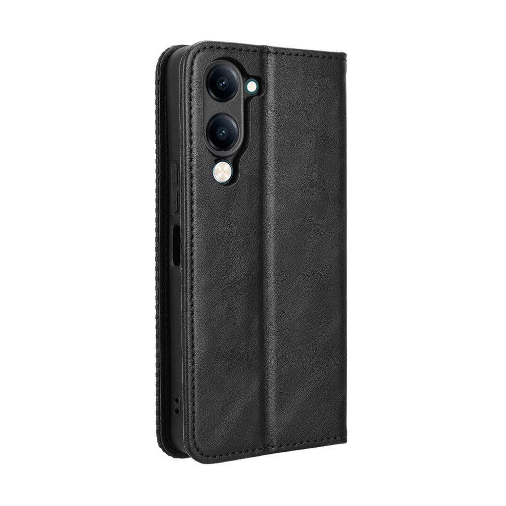 For vivo Y29s 5G / vivo Y04 4G Retro PU Leather Case Phone Wallet Stand Cover - Black