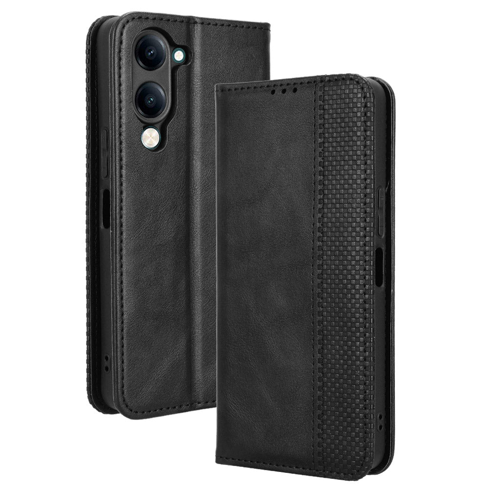 For vivo Y29s 5G / vivo Y04 4G Retro PU Leather Case Phone Wallet Stand Cover - Black