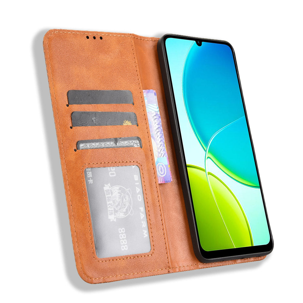 For vivo Y29s 5G / vivo Y04 4G Retro PU Leather Case Phone Wallet Stand Cover - Brown