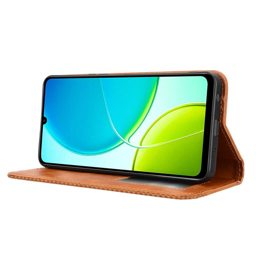 For vivo Y29s 5G / vivo Y04 4G Retro PU Leather Case Phone Wallet Stand Cover - Brown