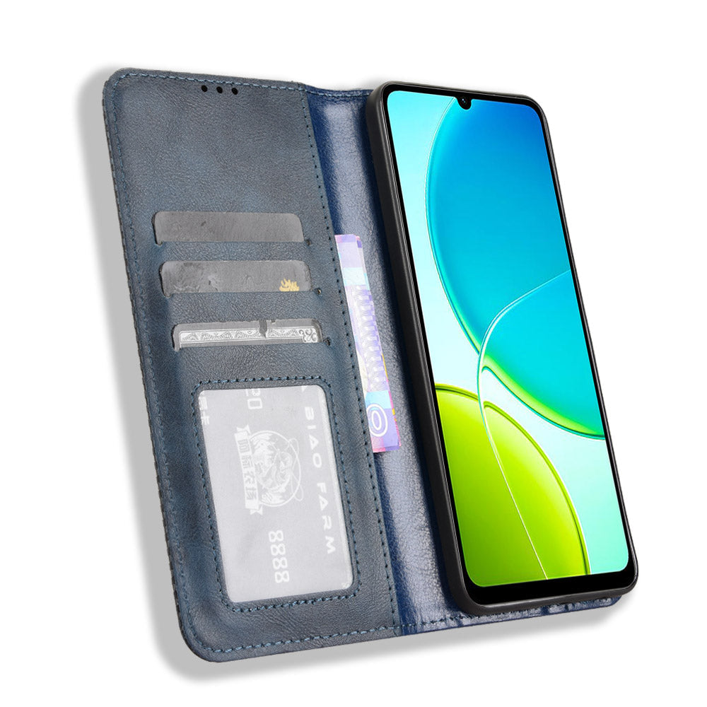 For vivo Y29s 5G / vivo Y04 4G Retro PU Leather Case Phone Wallet Stand Cover - Blue