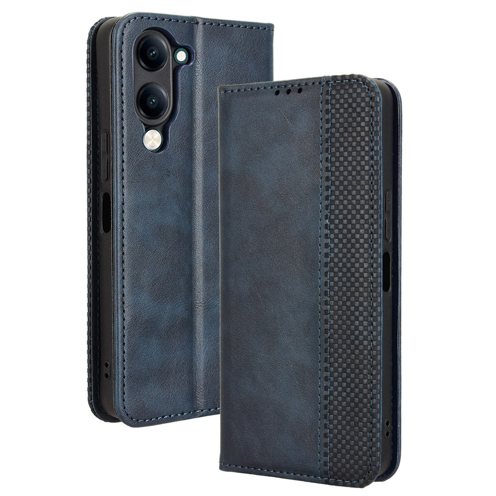 For vivo Y29s 5G / vivo Y04 4G Retro PU Leather Case Phone Wallet Stand Cover - Blue