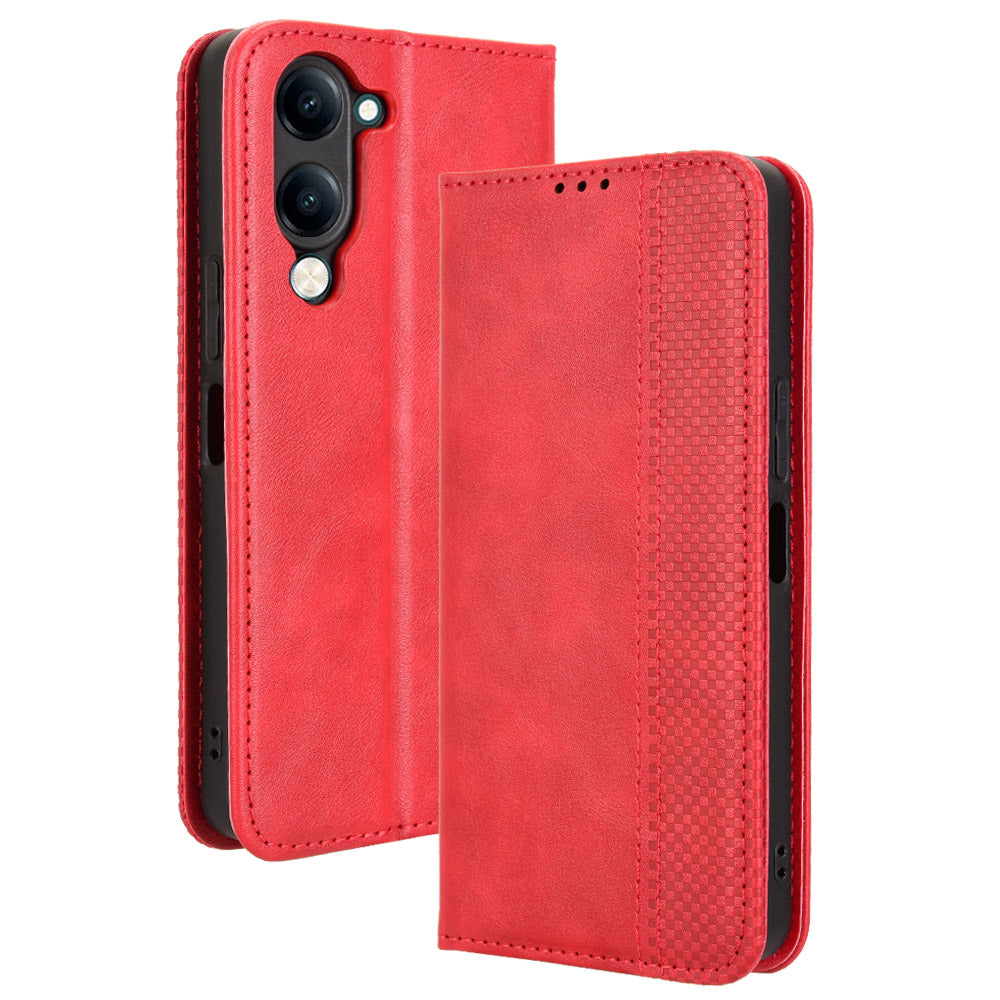 For vivo Y29s 5G / vivo Y04 4G Retro PU Leather Case Phone Wallet Stand Cover - Red