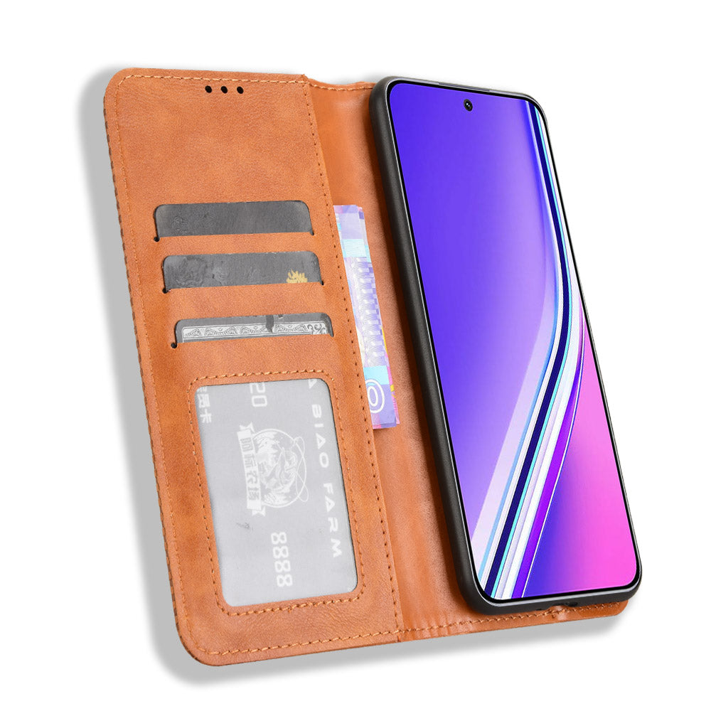 For Realme P3 Pro 5G Retro PU Leather Case Phone Wallet Stand Cover - Brown