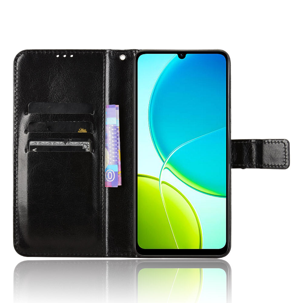 For vivo Y29s 5G / vivo Y04 4G PU Leather Case with Strap Crazy Horse Texture Phone Wallet Cover - Black