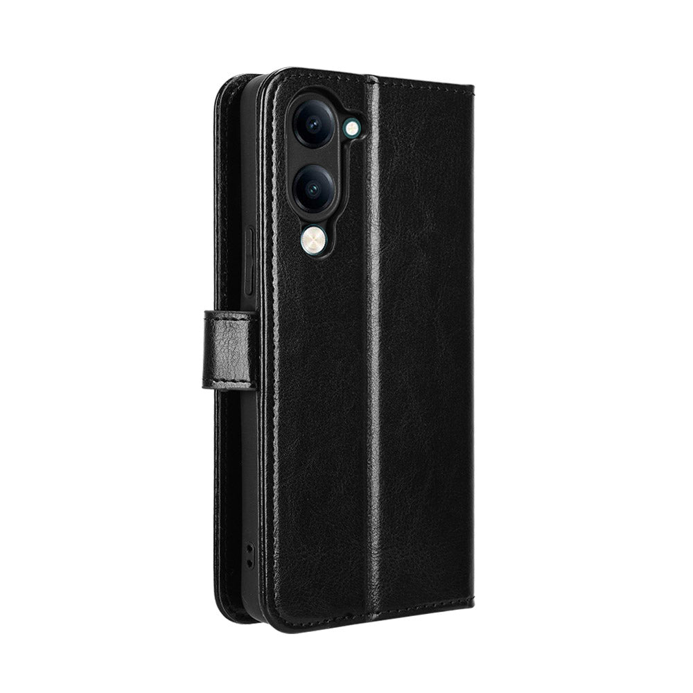 For vivo Y29s 5G / vivo Y04 4G PU Leather Case with Strap Crazy Horse Texture Phone Wallet Cover - Black