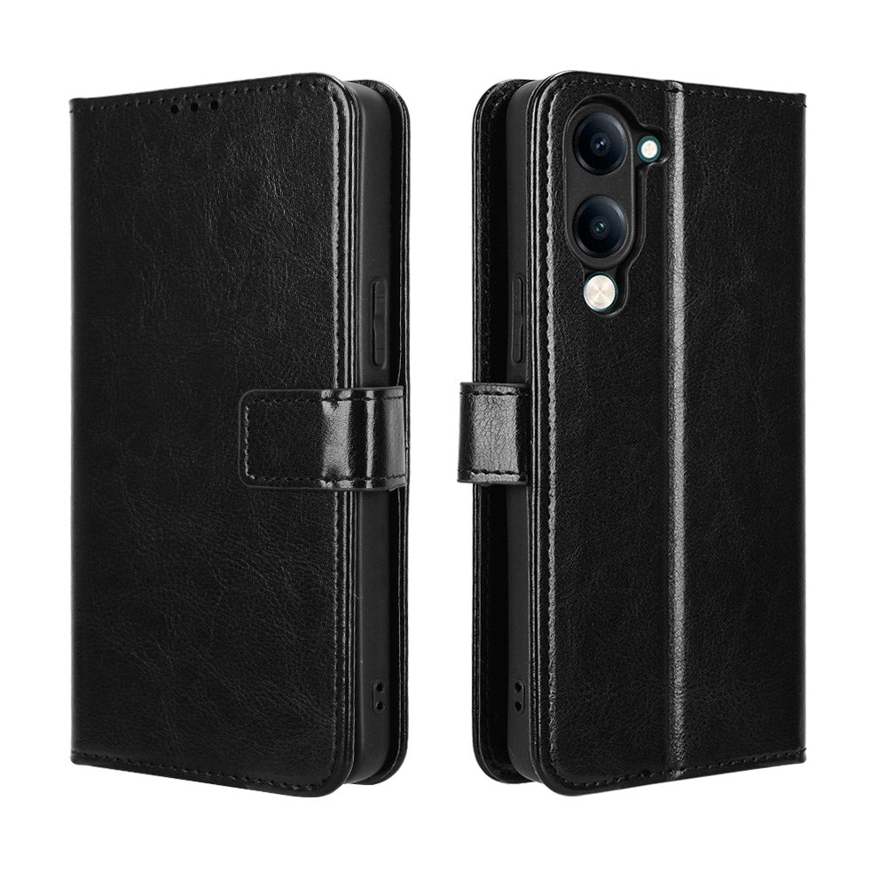 For vivo Y29s 5G / vivo Y04 4G PU Leather Case with Strap Crazy Horse Texture Phone Wallet Cover - Black