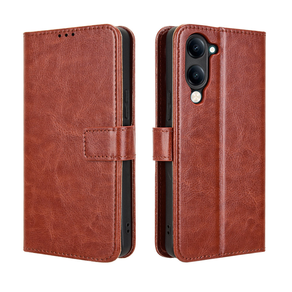 For vivo Y29s 5G / vivo Y04 4G PU Leather Case with Strap Crazy Horse Texture Phone Wallet Cover - Brown