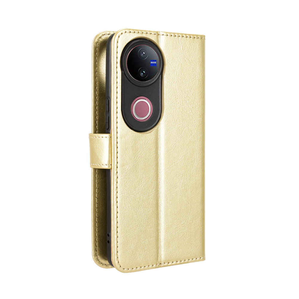 For vivo V50 5G PU Leather Case with Strap Crazy Horse Texture Phone Wallet Cover - Gold