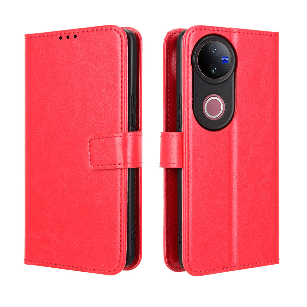 For vivo V50 5G PU Leather Case with Strap Crazy Horse Texture Phone Wallet Cover - Red