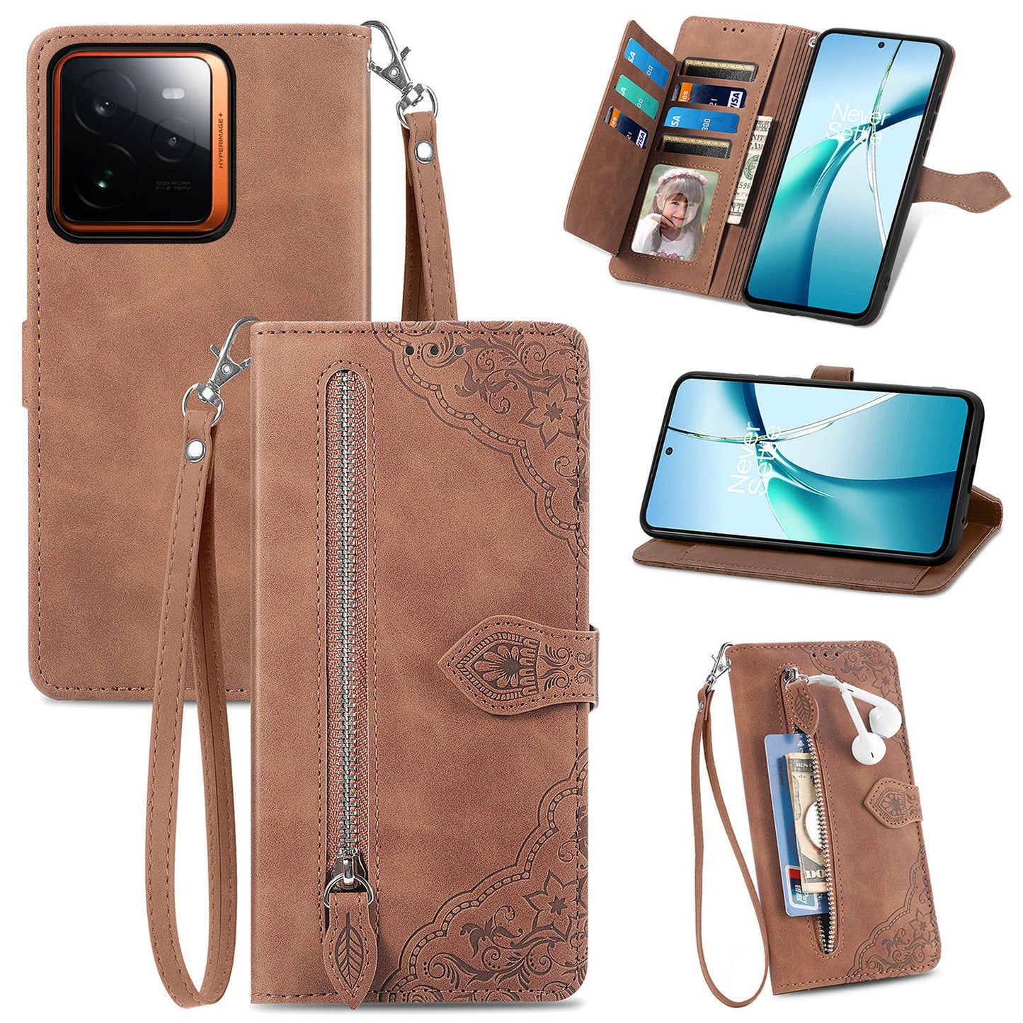 For Realme GT 7 Pro 5G Zipper Wallet Case with Strap Flower Imprint PU Leather Phone Cover - Brown