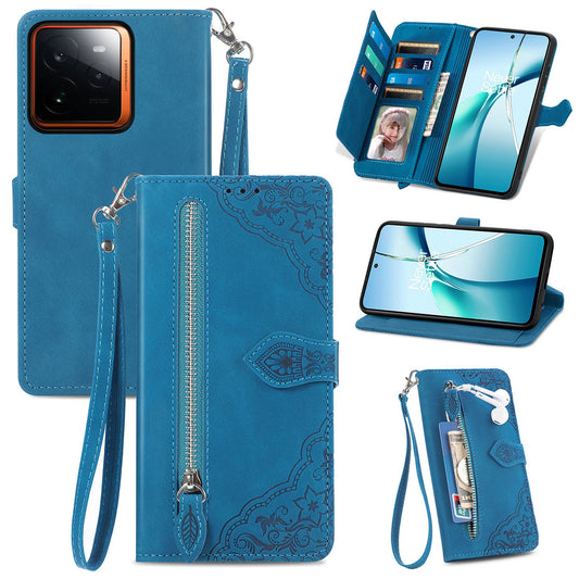 For Realme GT 7 Pro 5G Zipper Wallet Case with Strap Flower Imprint PU Leather Phone Cover - Blue