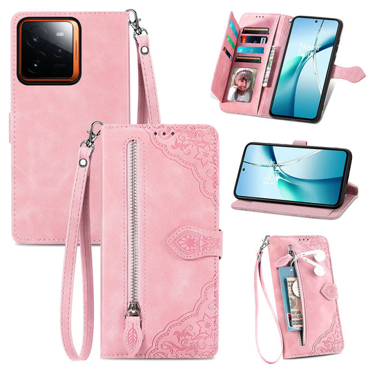 For Realme GT 7 Pro 5G Zipper Wallet Case with Strap Flower Imprint PU Leather Phone Cover - Pink