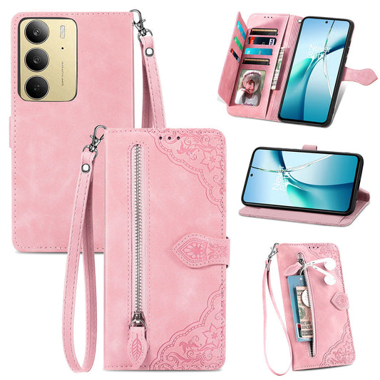 For Realme C75 Zipper Wallet Case with Strap Flower Imprint PU Leather Phone Cover - Pink