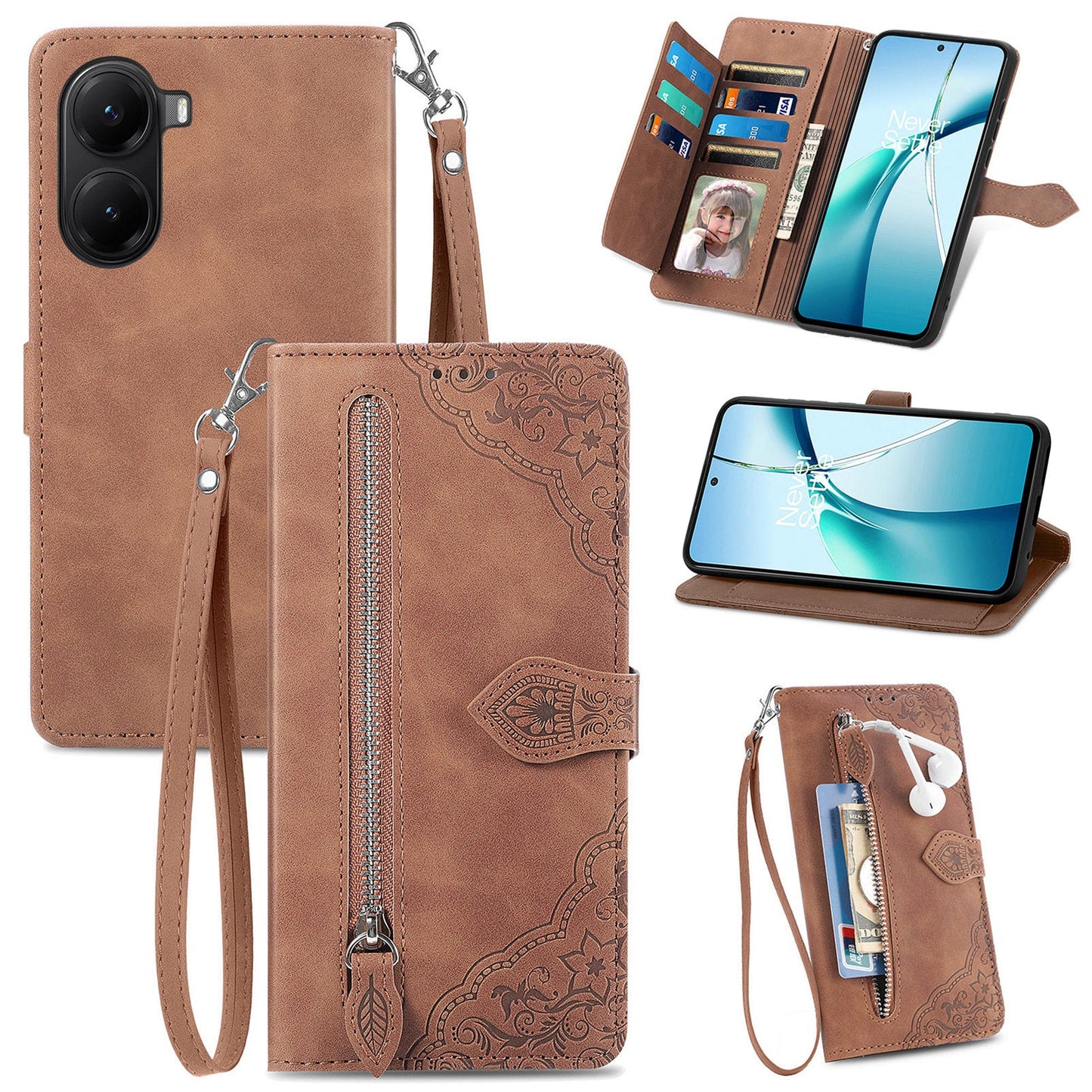 For Xiaomi Redmi Turbo 4 5G / Realme X7 Pro Zipper Wallet Case with Strap Flower Imprint PU Leather Phone Cover - Brown