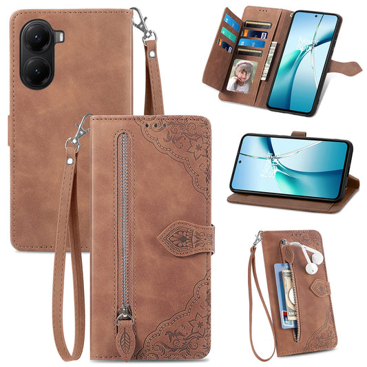 For Xiaomi Redmi Turbo 4 5G / Realme X7 Pro Zipper Wallet Case with Strap Flower Imprint PU Leather Phone Cover - Brown