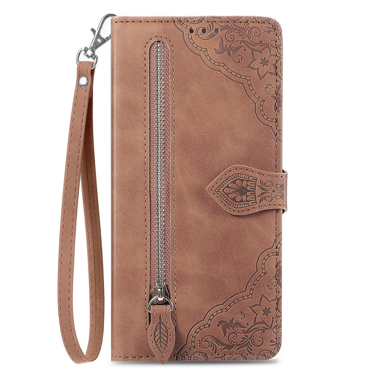 For Xiaomi Redmi Turbo 4 5G / Realme X7 Pro Zipper Wallet Case with Strap Flower Imprint PU Leather Phone Cover - Brown
