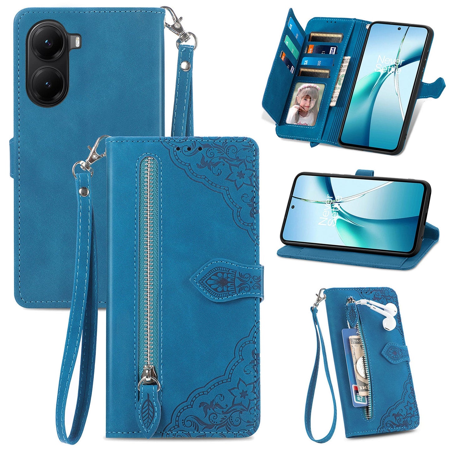 For Xiaomi Redmi Turbo 4 5G / Realme X7 Pro Zipper Wallet Case with Strap Flower Imprint PU Leather Phone Cover - Blue