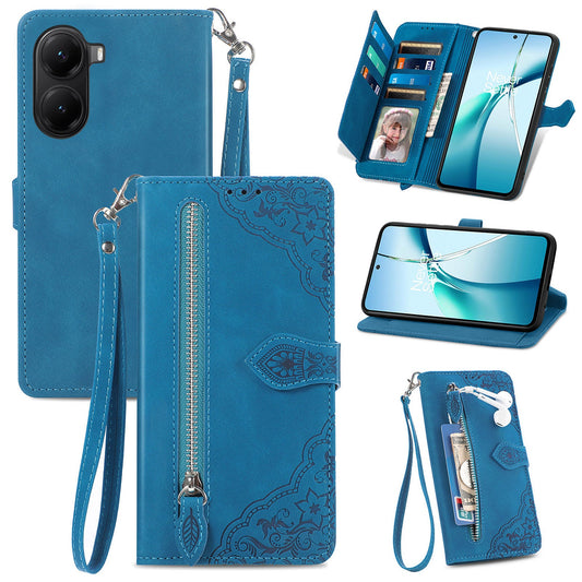For Xiaomi Redmi Turbo 4 5G / Realme X7 Pro Zipper Wallet Case with Strap Flower Imprint PU Leather Phone Cover - Blue