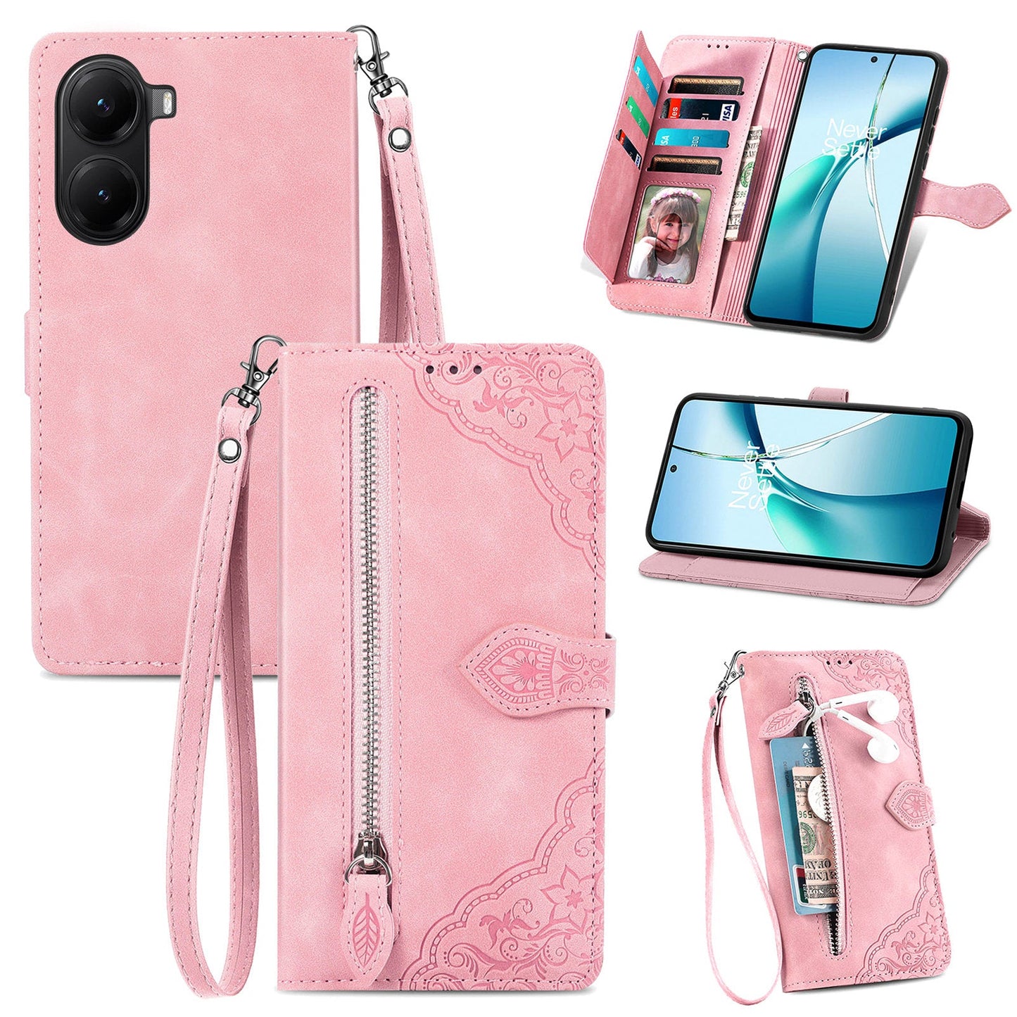For Xiaomi Redmi Turbo 4 5G / Realme X7 Pro Zipper Wallet Case with Strap Flower Imprint PU Leather Phone Cover - Pink