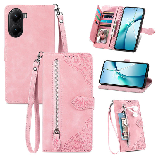 For Xiaomi Redmi Turbo 4 5G / Realme X7 Pro Zipper Wallet Case with Strap Flower Imprint PU Leather Phone Cover - Pink