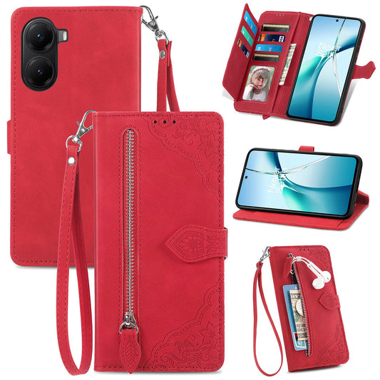 For Xiaomi Redmi Turbo 4 5G / Realme X7 Pro Zipper Wallet Case with Strap Flower Imprint PU Leather Phone Cover - Red