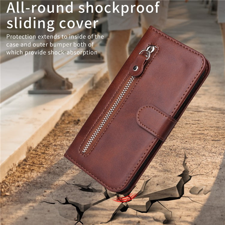 For vivo Y29s 5G / Y04 4G Case Zipper Wallet Calf Texture PU Leather Phone Cover - Brown