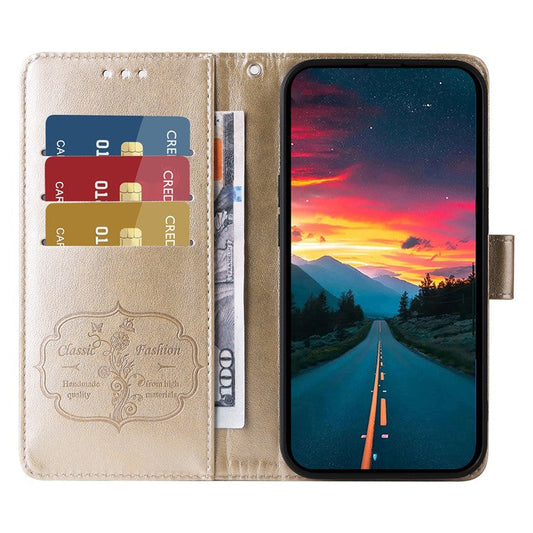 For vivo V50 5G Case Butterfly Floral Imprint Wallet Stand Leather Phone Cover - Gold