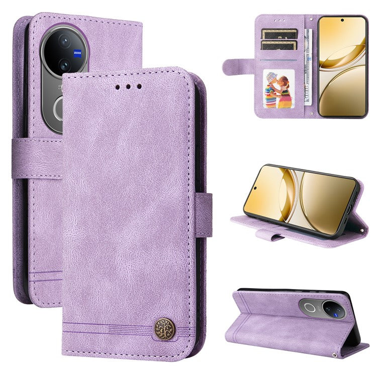 For vivo V50 5G Case Wallet Skin Touch Leather Phone Cover Tree Pattern Hardware - Purple