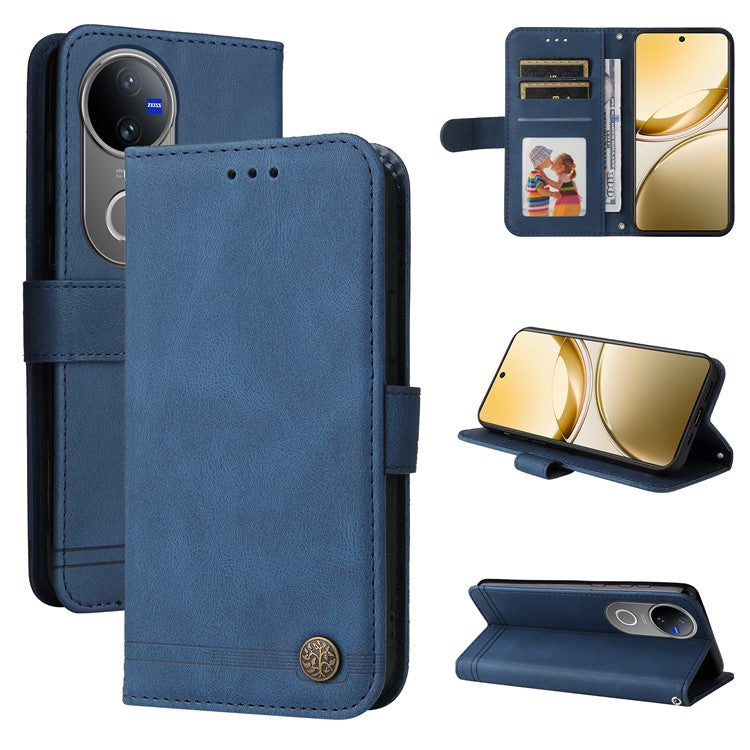 For vivo V50 5G Case Wallet Skin Touch Leather Phone Cover Tree Pattern Hardware - Blue
